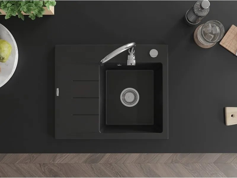 Mexen Ben zlewozmywak granitowy 1-komorowy z ociekaczem, prawy 600 x 500 mm, czarny, syfon chrom - 6523605000-77