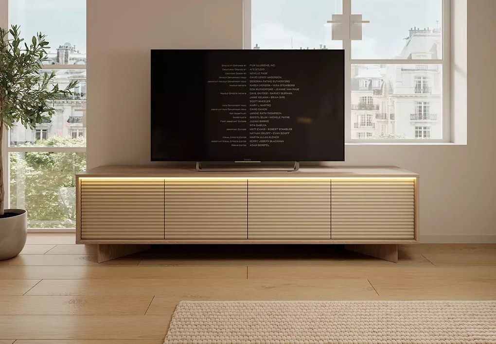 Szafka RTV Parsja 4D 200 cm LED – duża szafka pod telewizor, ryflowane fronty, bolivar naturalny / cappuccino, push-to-open