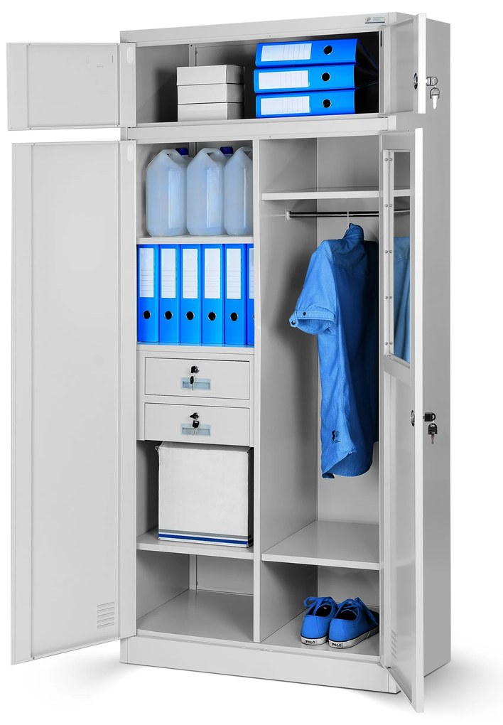 Wielokomorowa szafa socjalna z miejscem na ubrania BORYS, 900 x 1850 x 500 mm, szara