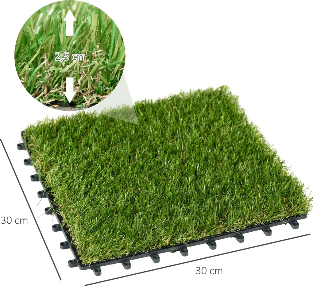 Outsunny Rolka Sztuczna Trawa 10 Sztuk Maty Trawnikowe Dywanik Rolny Sztuczny Trawnik na Balkon Ogród 25 mm Plastik Ciemnozielony 30 x 30 cm
