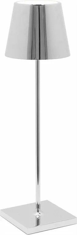 Lampa stołowa LED Poldina Pro w kolorze polerowanego chromu, ładowalna i ściemnialna, z czasem pracy na baterii do 12 godzin.