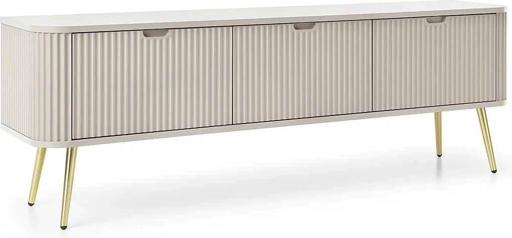 ZOVA RTV Szafka TV-Lowboard z żłobionymi frontami, metalowymi nogami, 3 drzwi, nowoczesny stolik TV, nogi metalowe złote, 168/57/39cm