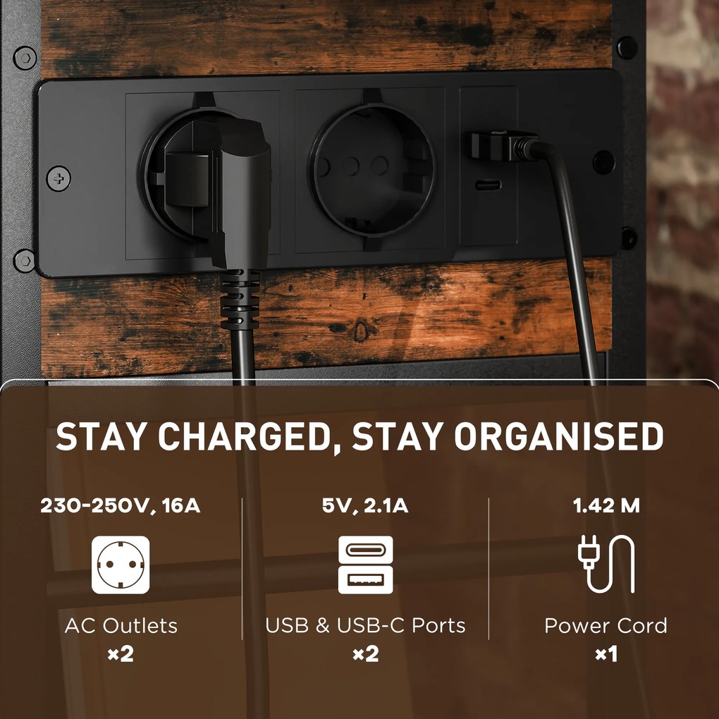 HOMCOM Stolik kawowy z gniazdkami, 2 poziomy, porty USB, schowek 60 x 29,8 x 58,5 cm Rustykalny Brąz