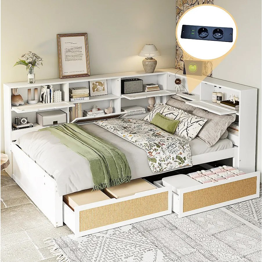 Sofa rozkładana - 140 x 200 cm - 2 szuflady i gniazdo - drewno sosnowe + sklejka + MDF - biała