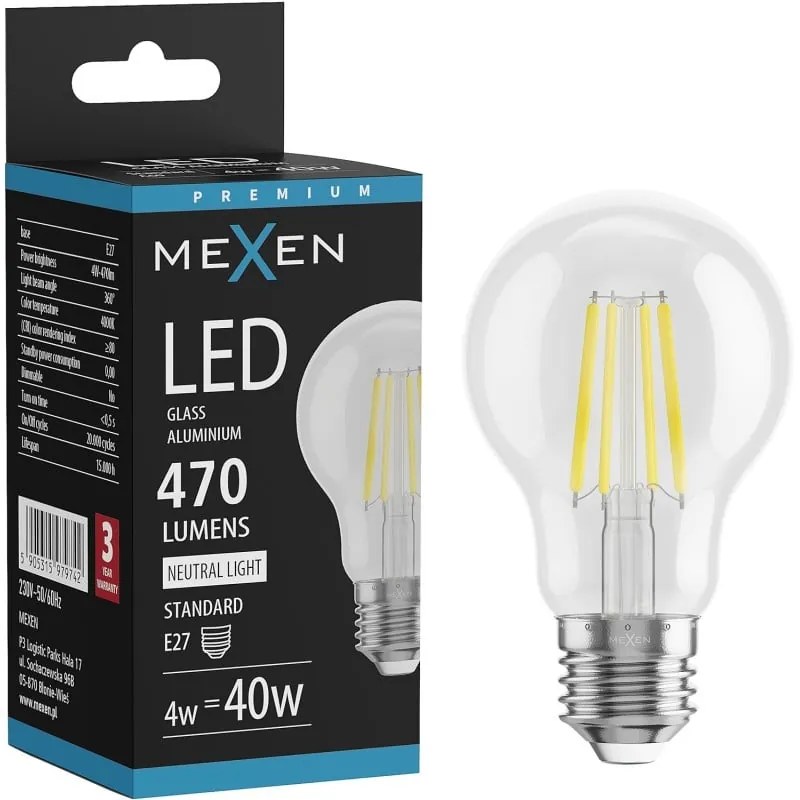 Mexen Vintis żarówka filament LED E27, A60, 4W, Neutralna - 4000K, 470 lm, clear - L150-E27-0440-00