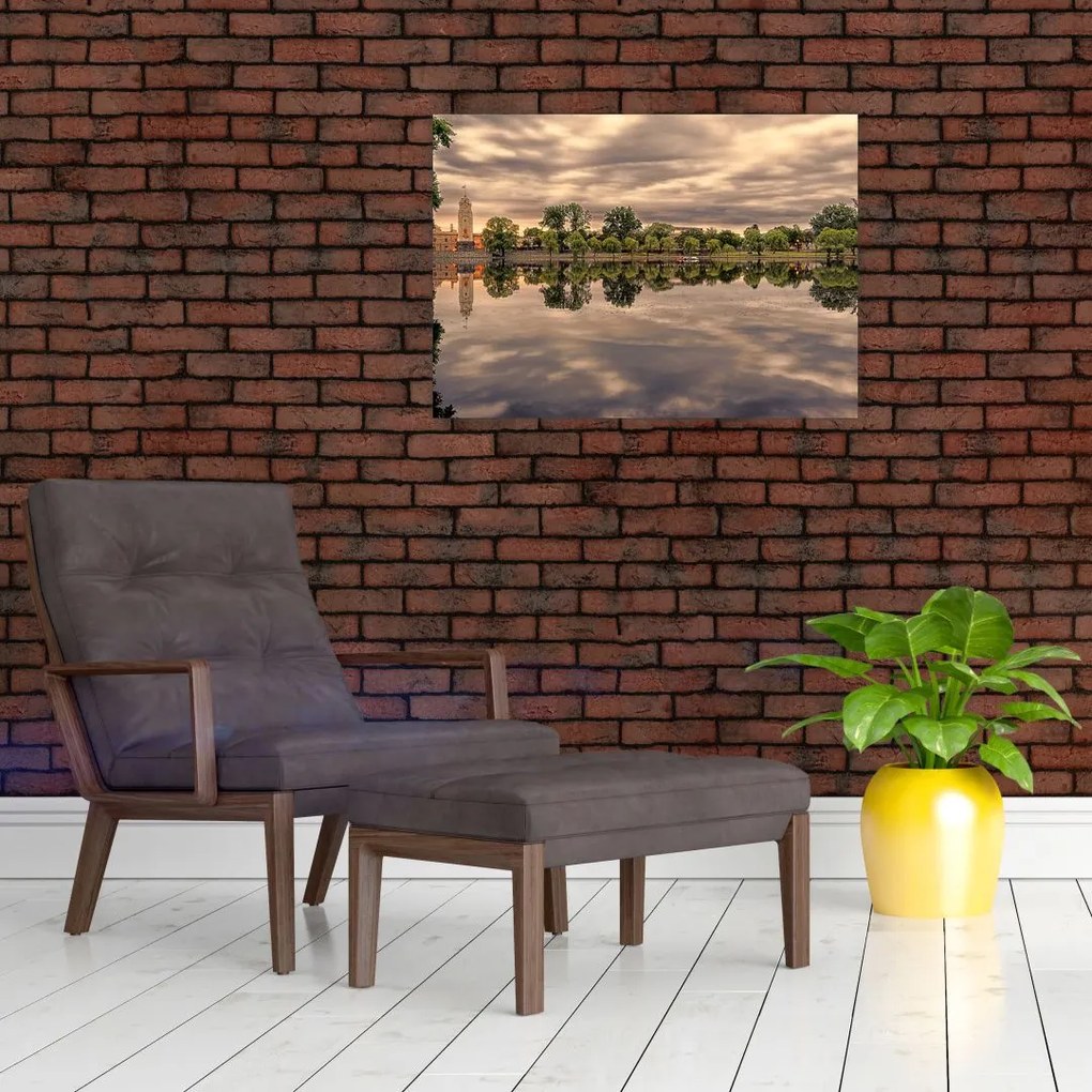 Obraz na szkle - jezioro i drzewa (70x50 cm)