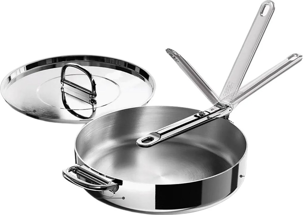 Patelnia do sautée Joseph Joseph Space Steel 28 cm, ze stali nierdzewnej, ze składanym uchwytem i pokrywką, odpowiednia do indukcji i piekarnika.