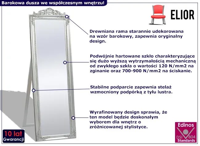 Srebrne stojące lustro z ozdobną ramą Biały mat