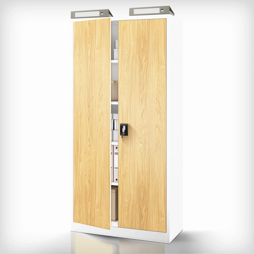 Szafa biurowa metalowa wysoka na dokumenty biała/złoty dąb, 900x1950x400 mm: JAN H Eco Design