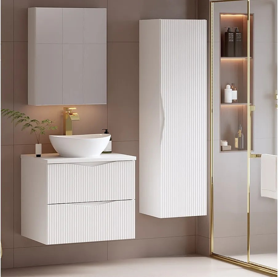Biały Zestaw do Łazienki 60cm Szafka z Blatem Ryflowane Fornty Cleo