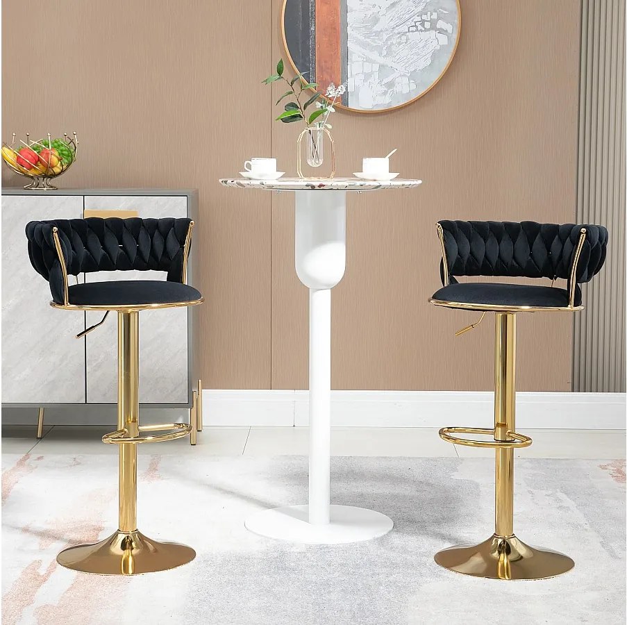 Zestaw 2 obrotowych hokerów barowych z oparciem, regulowanych na wysokość – Czarny aksamit