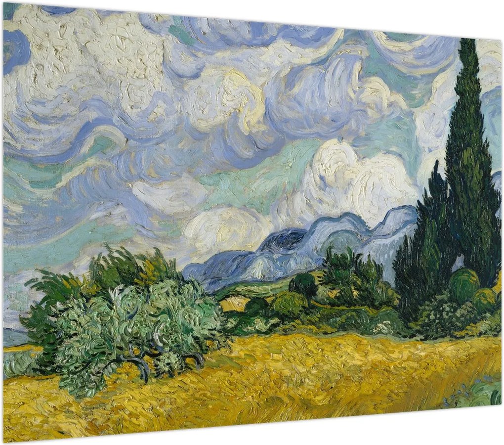 Obraz na szkle - Vincent van Gogh, Wheat Field with Cypresses, reprodukcje (70x50 cm)