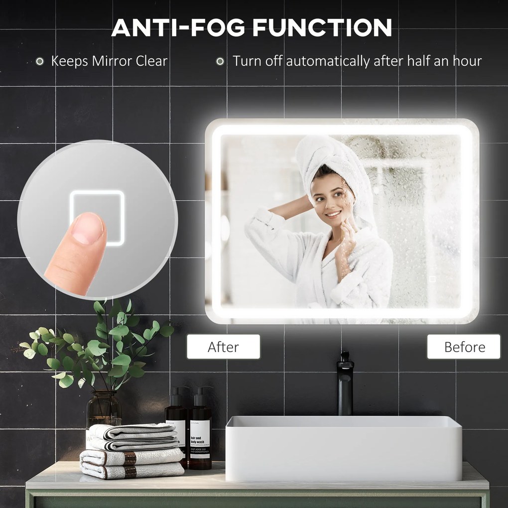 HOMCOM Lustro do Łazienki z Oświetleniem LED, Sterowanie Dotykowe, Anti-Beschlag, Regulowane, 3 Kolory Światła, 60 x 80, Srebrne