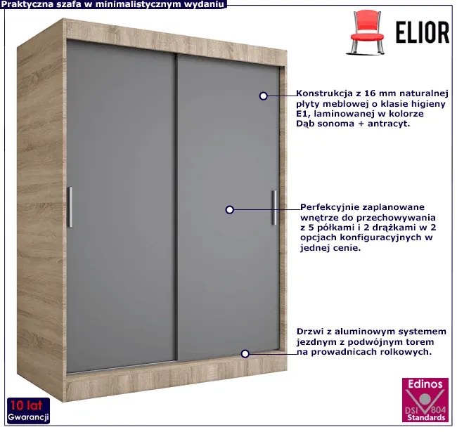 Szafa przesuwna 150 cm dąb sonoma + antracyt - Erco 4X