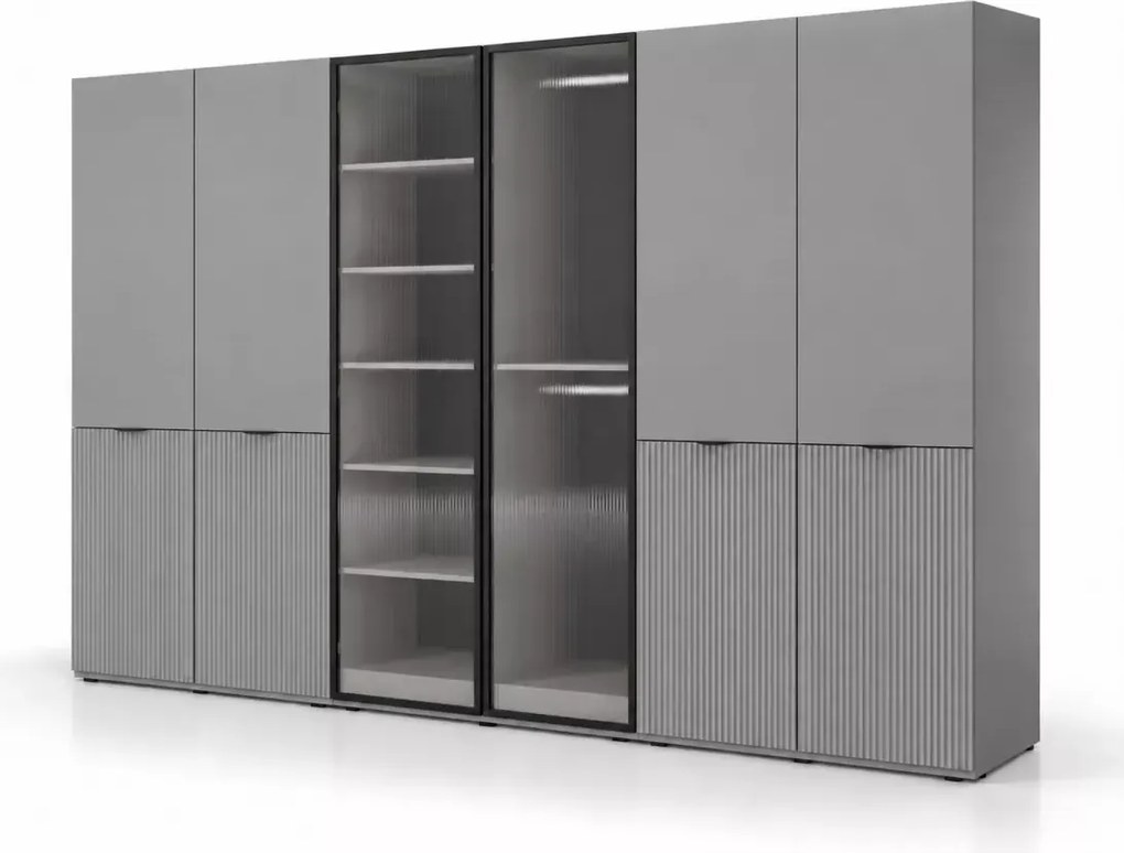 Szafa sześciodrzwiowa Dickson 4 303 cm z ryflowanym szkłem i ryflowanymi frontami - nowoczesna szafa do sypialni oraz garderoby
