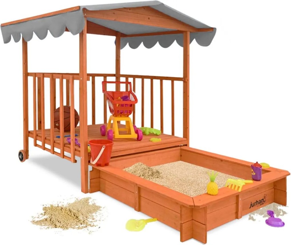 Piaskownica z werandą HAPPY, lita sosna 130 x 130 x 143 cm, brązowo szary Jurhan