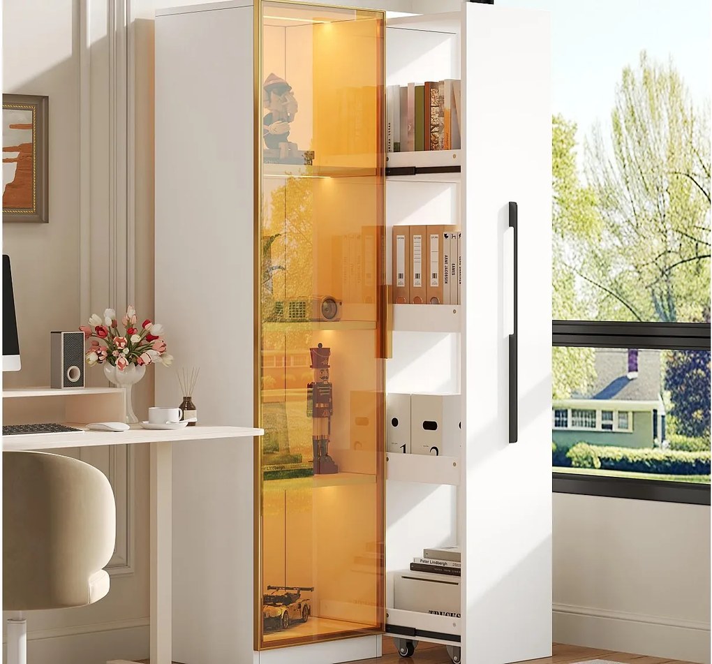 Witryna z oświetleniem LED 70x40x160 cm - 1 drzwi szklane i 1 boczna szuflada wysuwna - Kółka - MDF + szkło - Biały