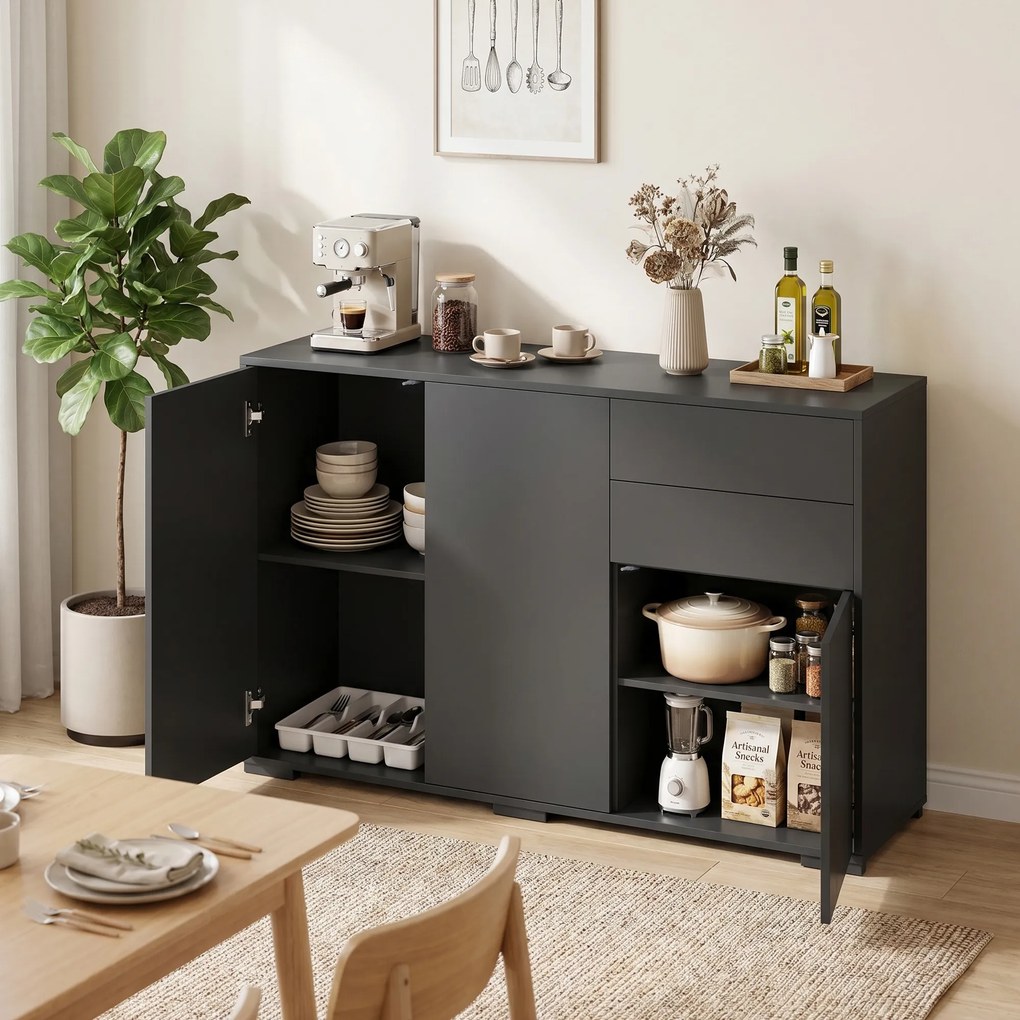 HOMCOM Sideboard Komoda, 2 szuflady, Push-Click, 117 cm x 36 cm x 74 cm, Czarny | Aosom PL
