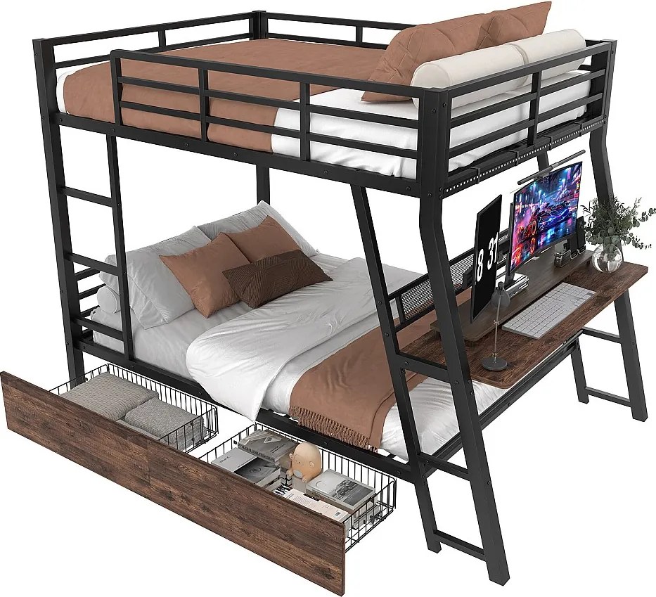 Łóżko piętrowe 140x200 cm - z oświetleniem LED - z 2 szufladami - z rampą + drabinką - z biurkiem - czarne