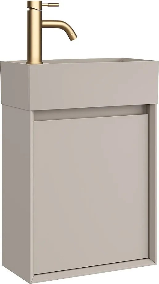 Wisząca szafka z umywalką do łazienki, umywalka z żywicy w kolorze beżowym mat i bateria – Beż mat – 40 x 25,5 x 57 cm – SOREL