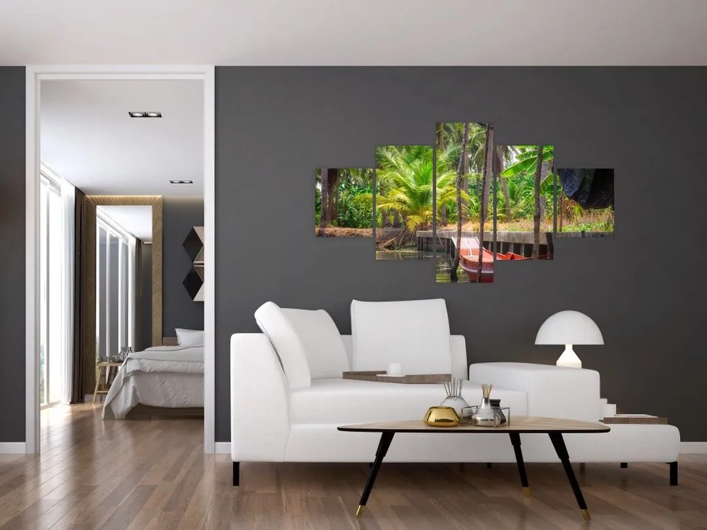 Obraz - Drewniana łódź na kanale, Tajlandia (125x70 cm)
