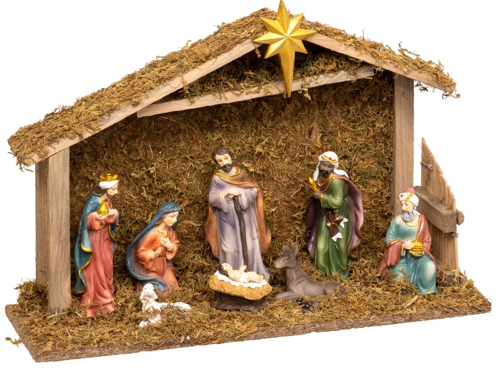 Szopka bożonarodzeniowa + 8 figurek, 35 x 23,5 cm