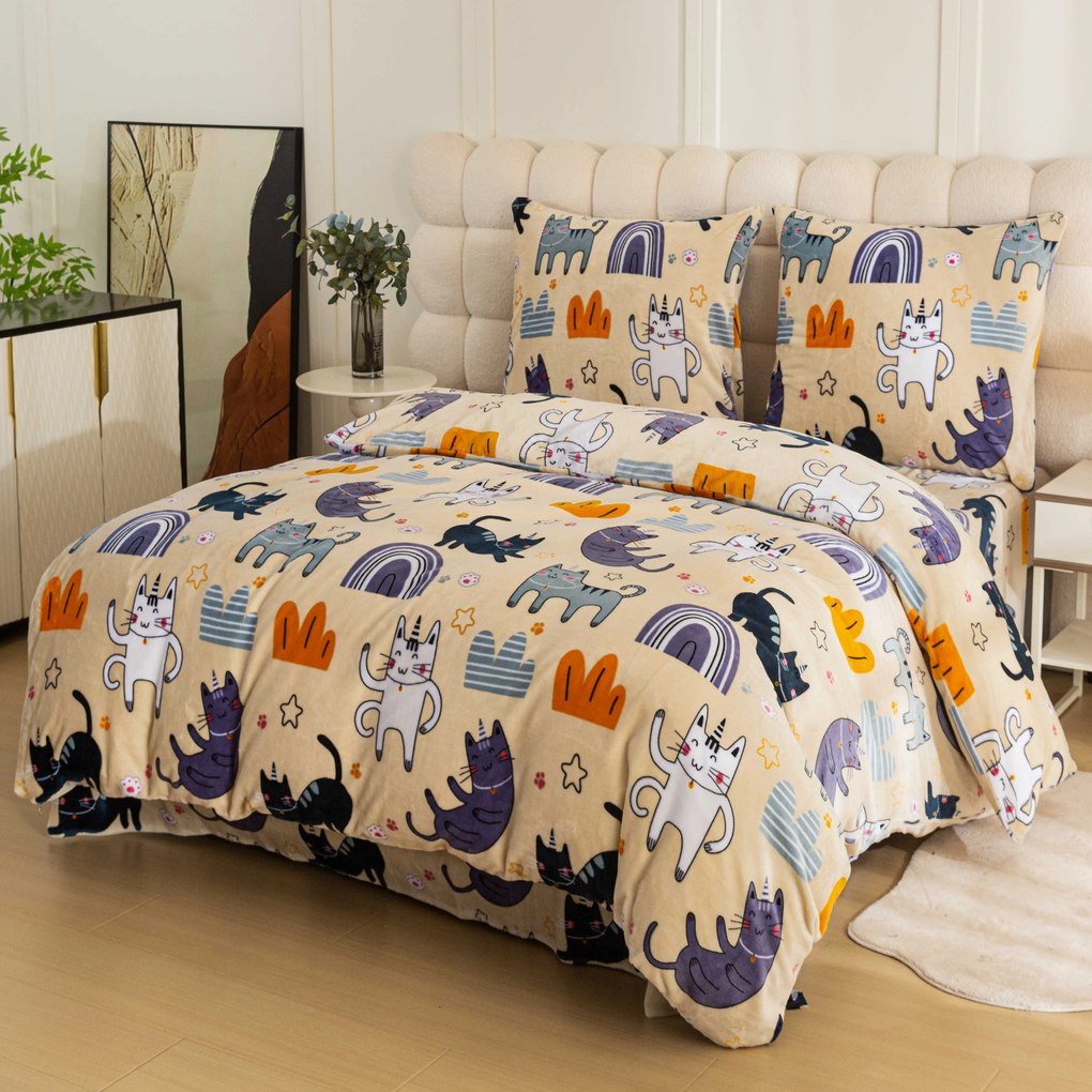 PrzytulneMieszkanie.pl PrzytulneMieszkanie.pl PrzytulneMieszkanie.pl Zestaw pościeli z mikropluszu PURRSLEEP beżowe + prześcieradło z mikropluszu SOFT 90x200 cm białe, pojedyncze łóżko