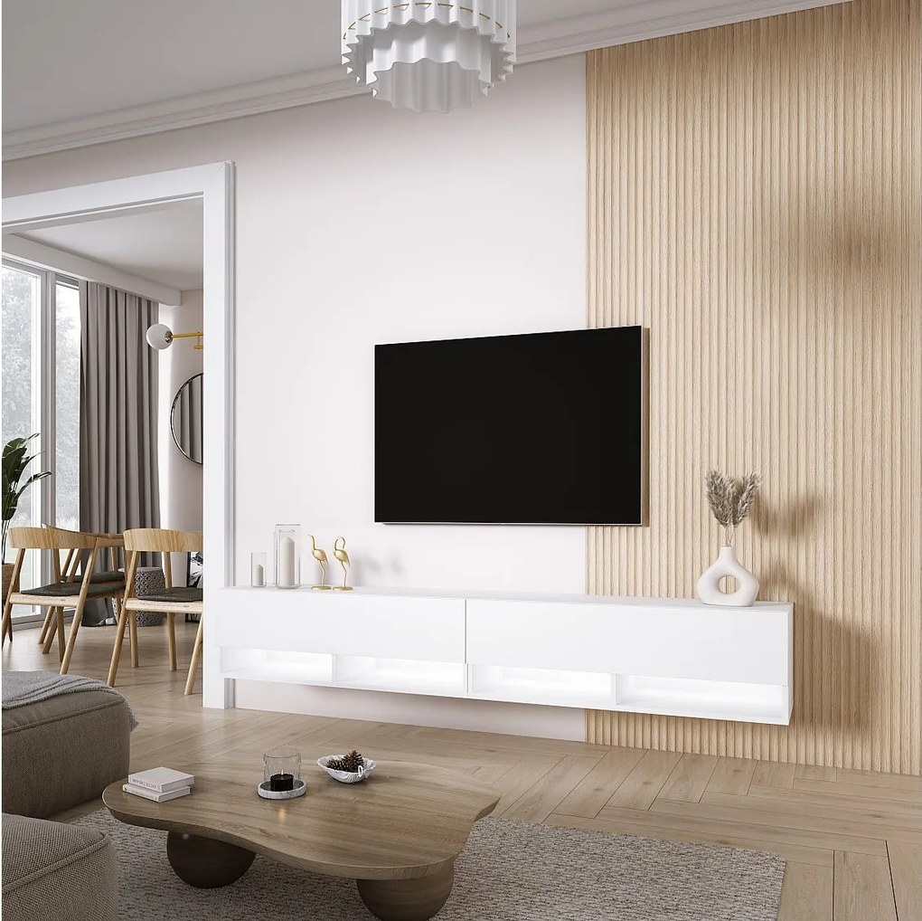 Szafka pod telewizor 200 (2 x 100) cm Biały Mat, LED biały, 200 × 32 × 34 cm