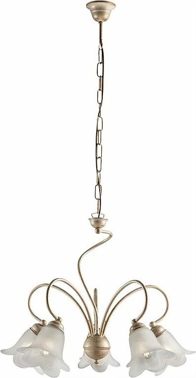 Żyrandol Alice z lakierowanego żelaza w kolorze kości słoniowej, dekor stare złoto, klosze z białego szkła alabastrowego Ø14 cm, 5 świateł, Ø57 cm