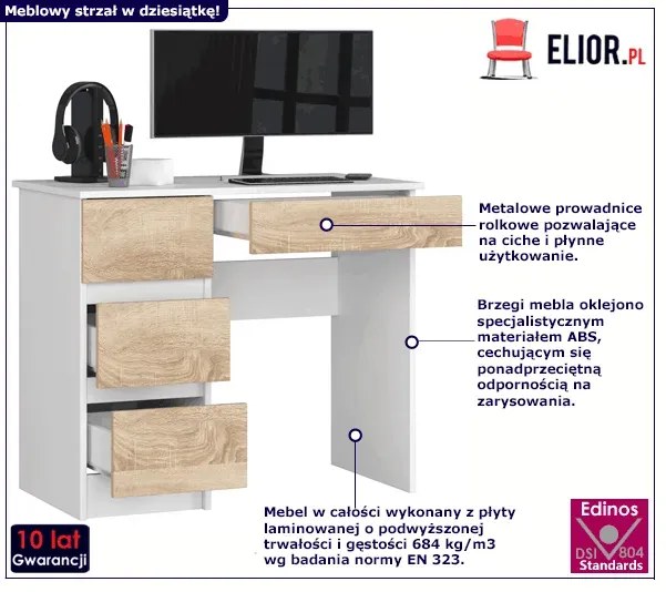 Biurko białe - dąb sonoma z szufladami - Nersta 4X