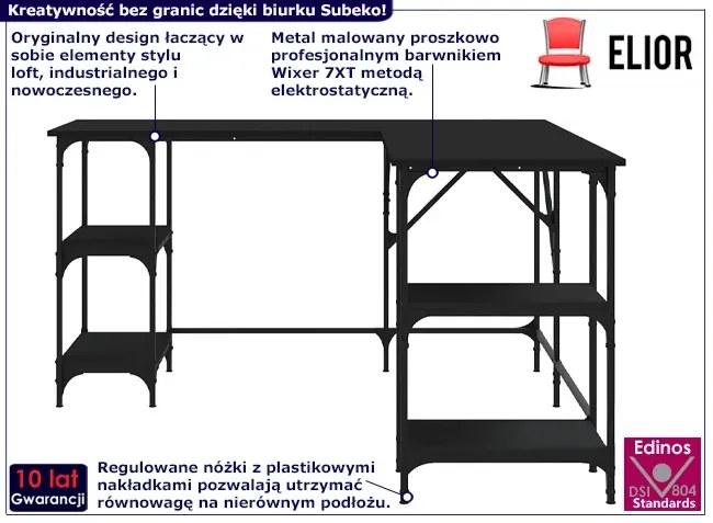 Czarne loftowe biurko narożne gamingowe z metalu Paleo 3X