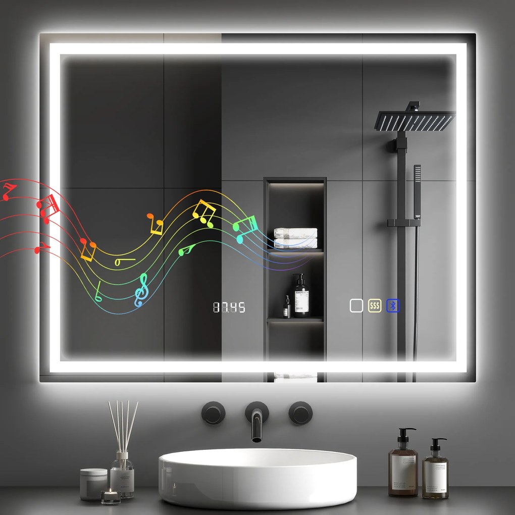 HOMCOM Lustro łazienkowe LED Bluetooth 80 x 100 cm przycisk dotykowy regulowane oświetlenie 3 kolory przeciwmgielne pamięć Srebrny