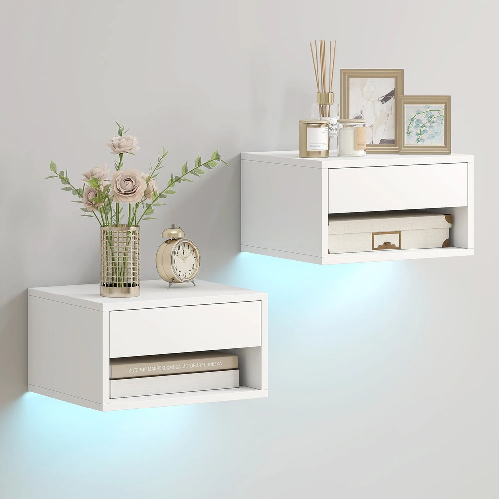 HOMCOM Zestaw stolików nocnych 2 szt. z oświetleniem RGB-LED, unoszący się stolik nocny z szufladą i otwartą półką, biały | Aosom PL