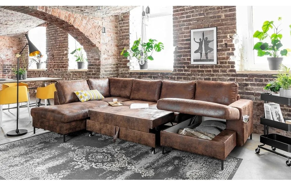 Brązowa rozkładana sofa w kształcie litery "U" z imitacji skóry Miuform Lofty Lilly Vintage, lewostronna