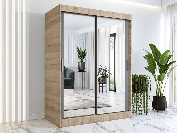 Szafa przesuwna z lustrem 150 cm dąb sonoma + antracyt - Kukkin 4X