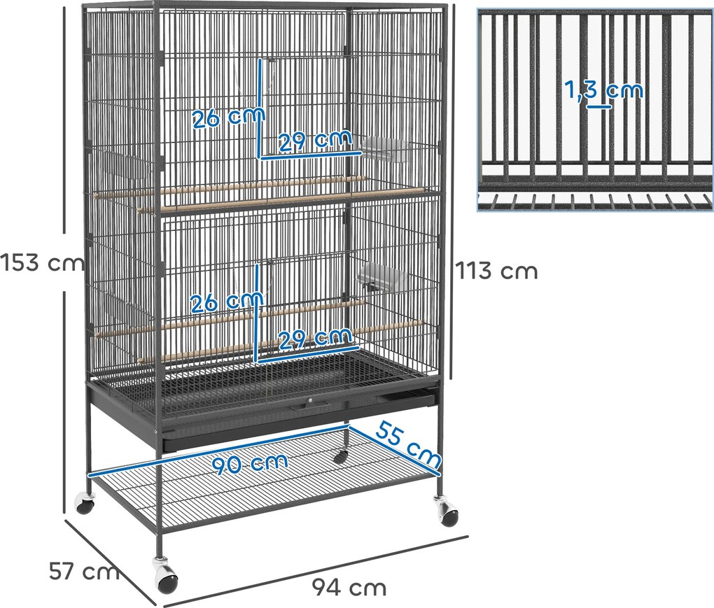 PawHut Klatka dla ptaków z drążkami siedziskowymi, zabawkami dla ptaków, wyjmowaną tacą na dnie, 1 półka, Szary