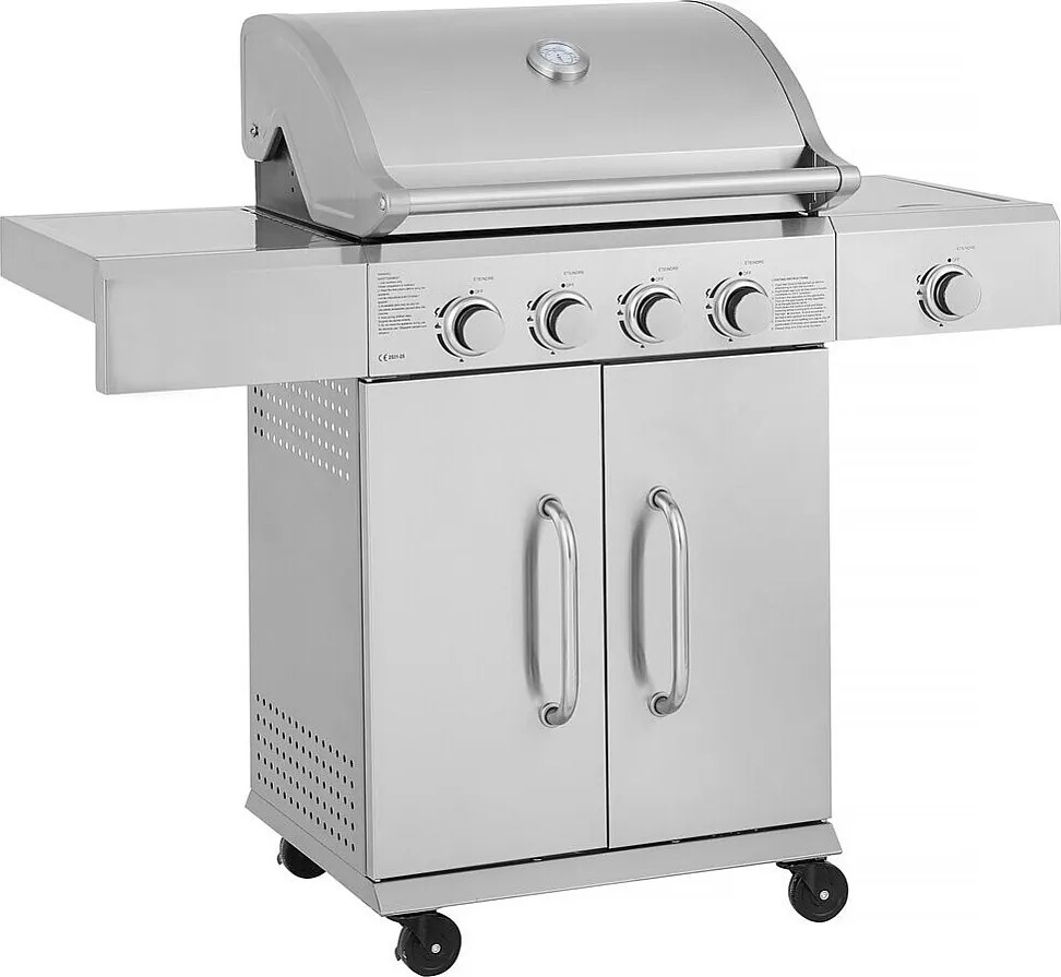 Grill gazowy ze stali nierdzewnej 5 palników Brazzo jasnoszary z płytą grillową, palnikiem bocznym i wózkiem na kółkach – 14,5 kW