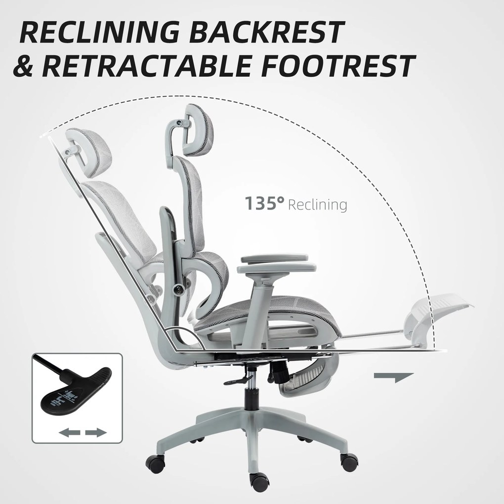 HOMCOM Krzesło biurowe, Ergonomiczne krzesło do biurka z tapicerką z siatki, regulowane, na kółkach, z podłokietnikami, zagłówkiem, Szary