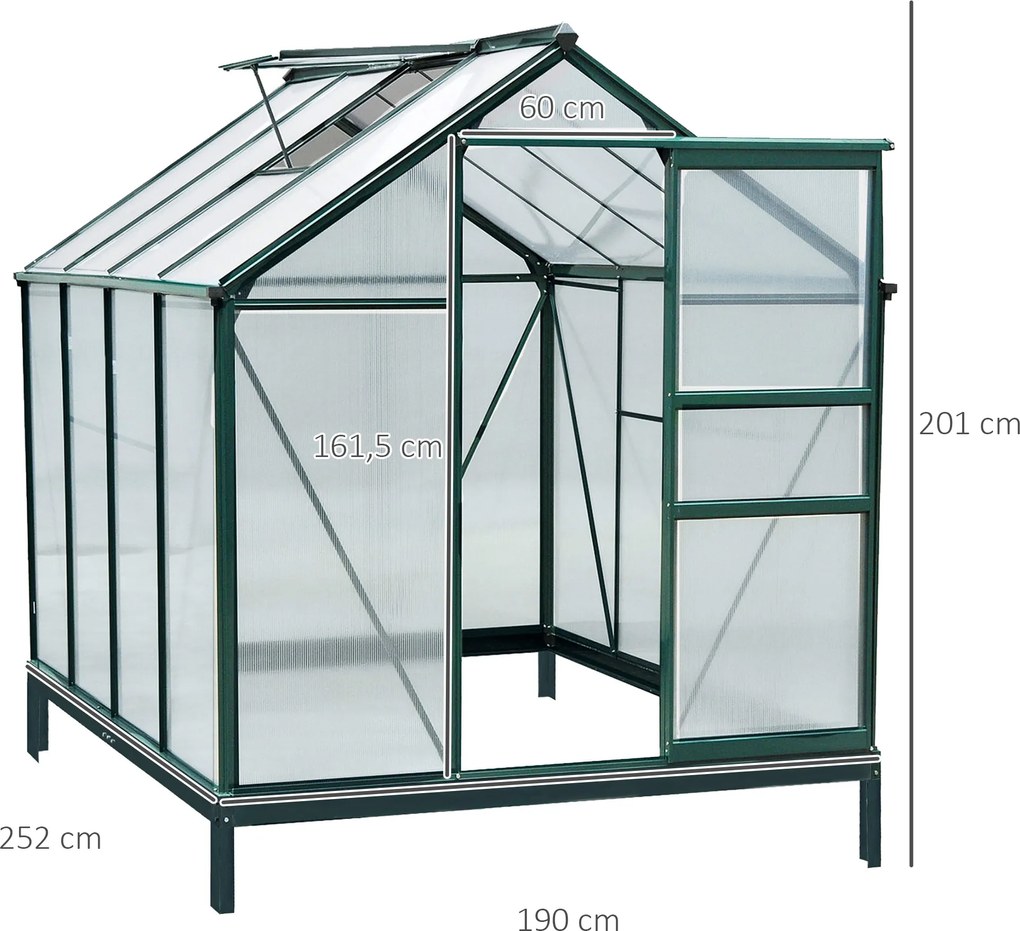 Outsunny Szklarnia z poliwęglanu z oknem dachowym i drzwiami przesuwnymi 190x252x201 cm | Aosom PL