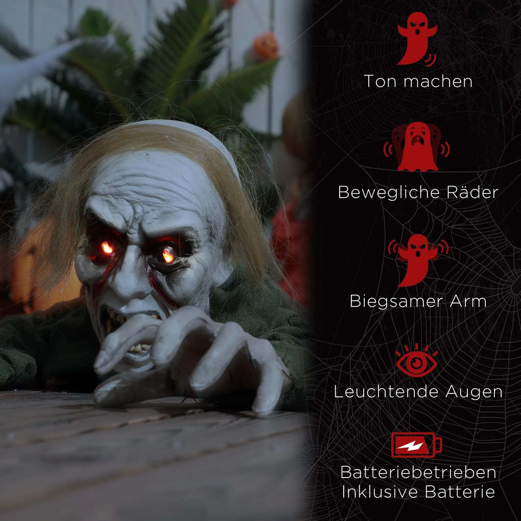 HOMCOM Dekoracja Halloweenowa, pełzający zombie, aktywowany przez dotyk/dźwięki, świecące oczy