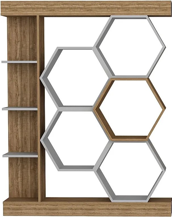 Nowoczesny regał w kolorze białym i orzechowym, 55" x 11" x 70" | Płyta wiórowa pokryta melaminą w 100%, grubość 0,75" | Stylowe miejsce do