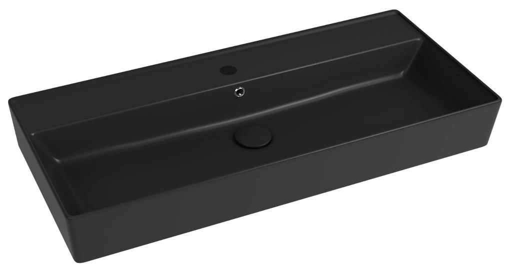 Umywalka ceramiczna nablatowa / wisząca czarna z półką i otworem na baterie 100x45 cm LERA Black