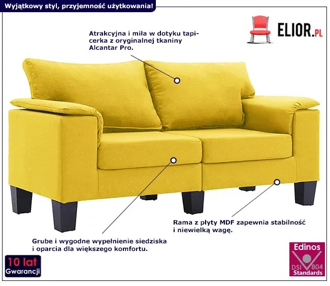 2-osobowa żółta sofa z podłokietnikami - Ekilore 2Q