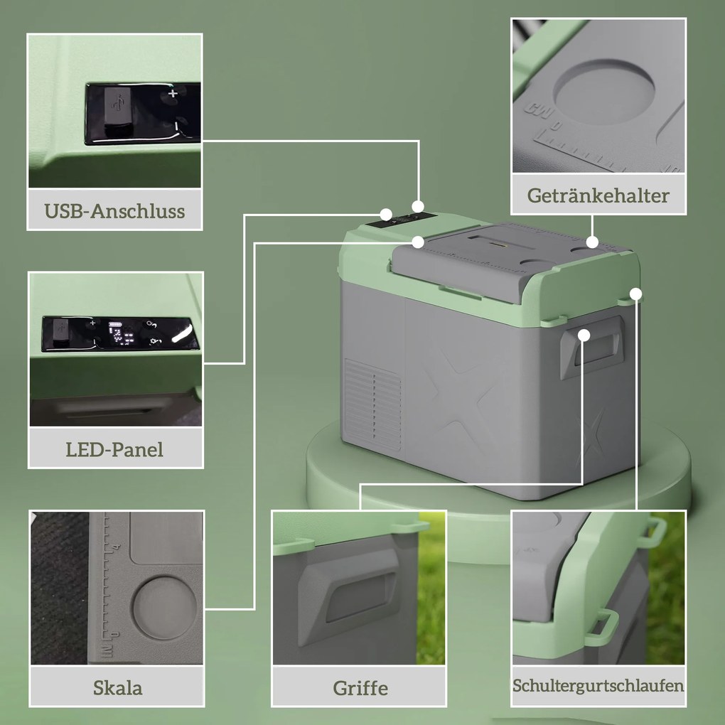 Outsunny 24,2 L Lodówka Campingowa, Lodówka Samochodowa z LED, Adaptory AC i DC, Cicha Praca, Szara+Zielona