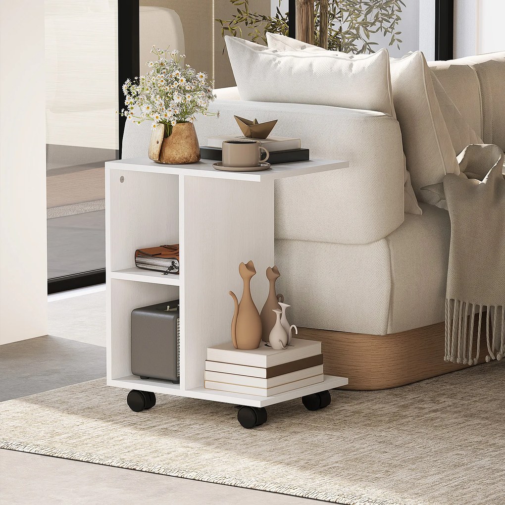 HOMCOM Stolik pomocniczy w kształcie C, kawowy, do kanapy, biurko narożne, na kółkach, płyta wiórowa E1, 45 x 35 x 58 cm, Biały