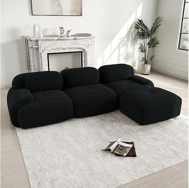 Modułowa sofa narożna 3-osobowa - z Welur - z 3 poduszkami i pufą - 298x178x75cm - Czarny