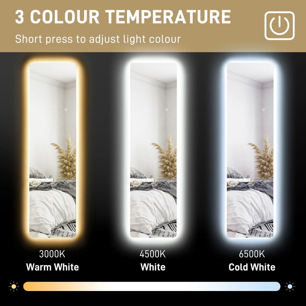 HOMCOM Lustro całociałowe z LED, sterowanie dotykowe, regulacja jasności, bezramowe, 40 x 150 cm