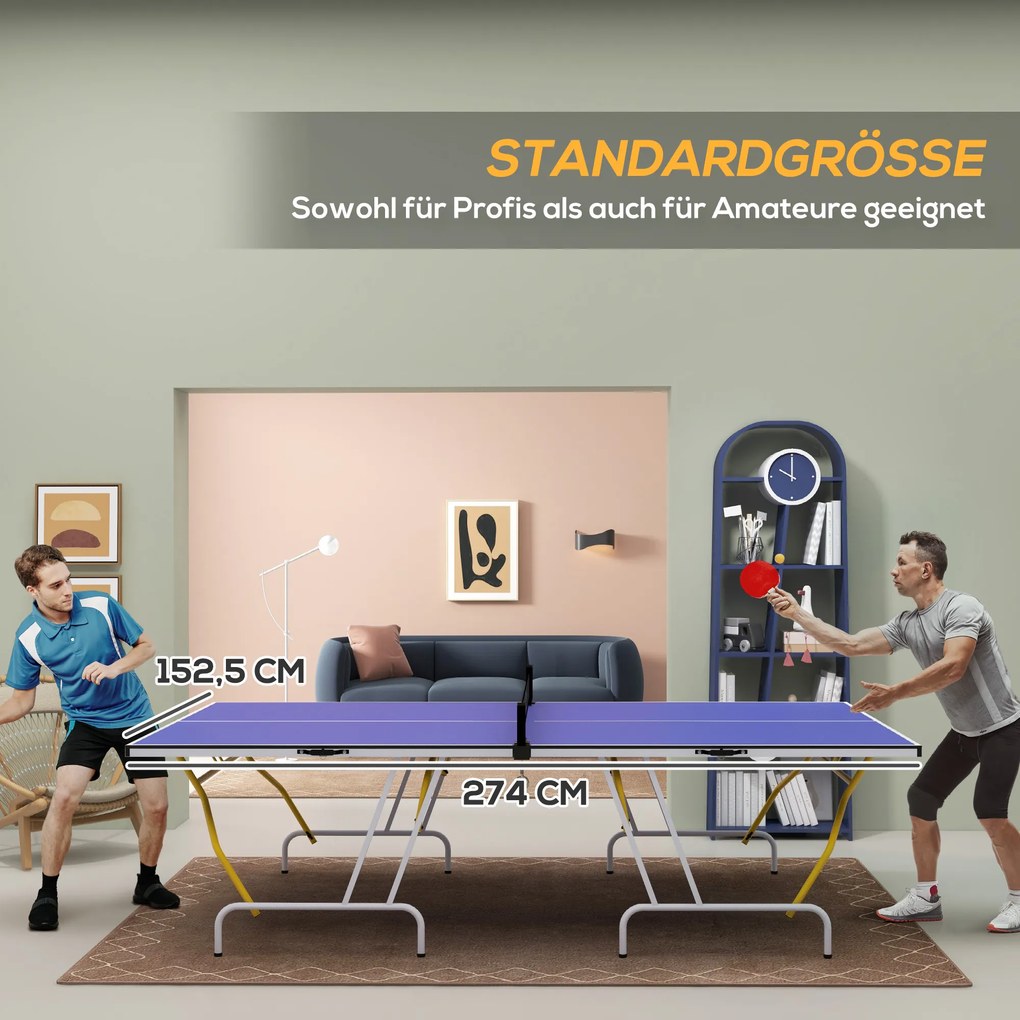 SPORTNOW Stół tenisowy składany z akcesoriami rakietki piłki siatka niebieski 274x152x76 cm | Aosom PL