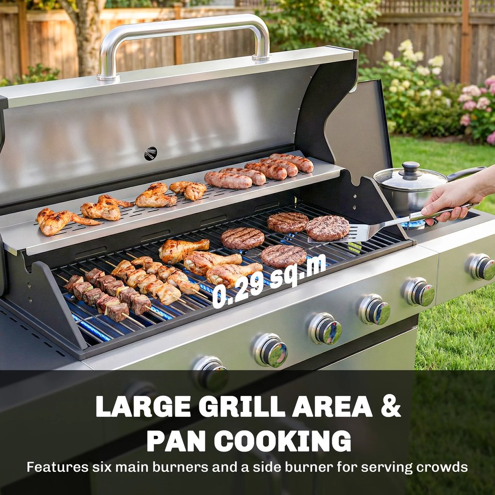 Outsunny Grill gazowy 18,6 kW 6+1 palników BBQ wózek grillowy ze stali nierdzewnej z kółkami, termometrem, półką podgrzewającą, bocznymi stolikami i szafką | Aosom PL