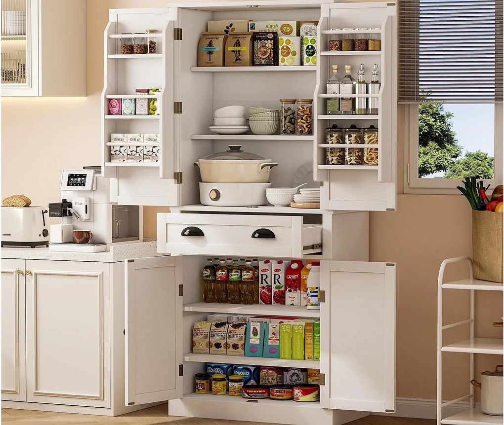 Kredens kuchenny 80×40×182 cm - z 2 drzwiami i 1 szufladą - 2 drzwi z półkami - biały